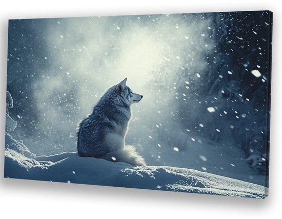 Wolf in winterse omgeving - Wolf canvas schilderijen - Muurdecoratie canvas dieren - Realistische kunst - Modern schilderij - Woonkamer decoratie - canvas 100x75 cm