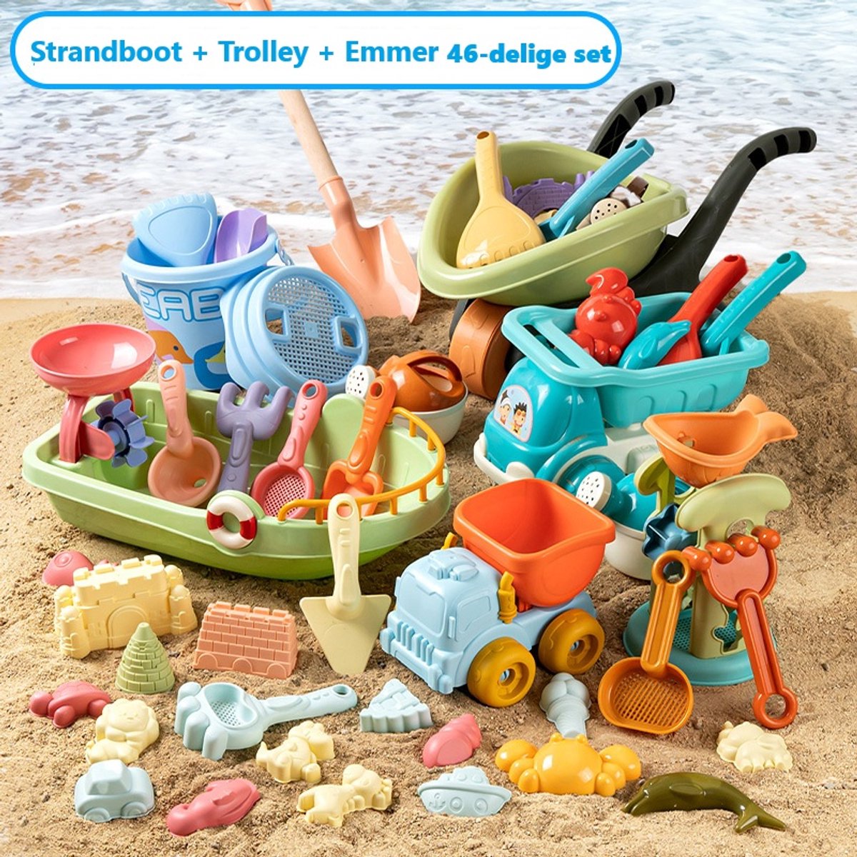 Strandspeelgoedset, 46 zandbak strandspeelgoed, strandspeelset voor kinderen met netzak, waterrad, hark strandkasteel, zandvormspeelgoed voor kinderen binnen of buiten