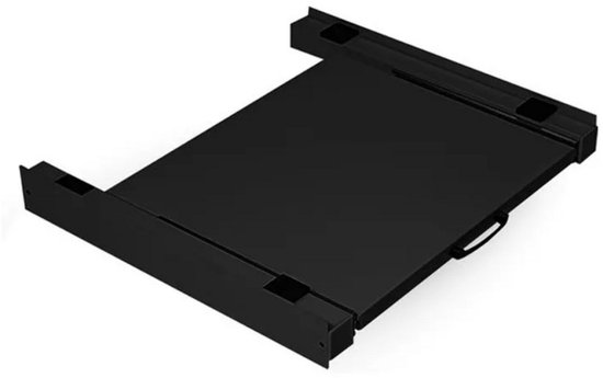 Zwart, uittrekbaar werkblad voor wasmachine, van metaal.