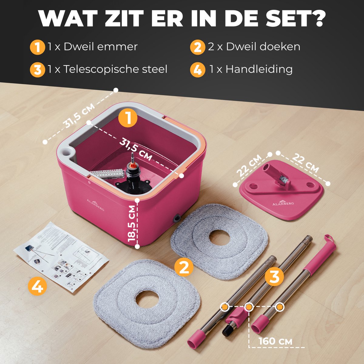 Alanberg® Spinmop Dweilsysteem met Emmer en Wringer – Complete Set incl. Emmer, Steel en 2 Microvezeldoeken – Zelfreinigende Mop voor alle vloertypen – Nat & Droog Gebruik, Roze thumbnail 2