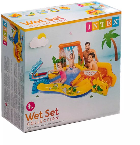 Doos van Intex 'Wet Set Collection' opblaasbaar dinosaurus zwembad met glijbaan en sproeier