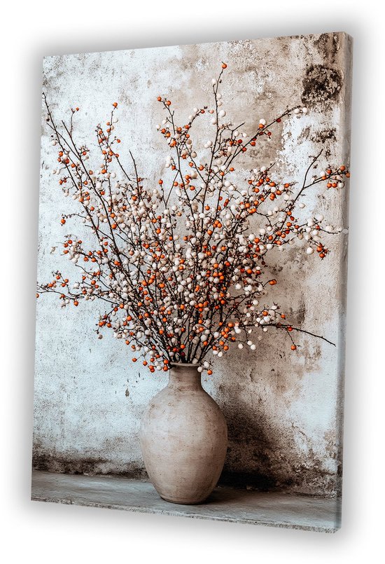 Vase rustique avec branches décoratives - Peintures natures mortes sur toile - Peintures sur toile branches - Japandi - Peinture campagne - Décoration bureau - Toile 30x45 cm