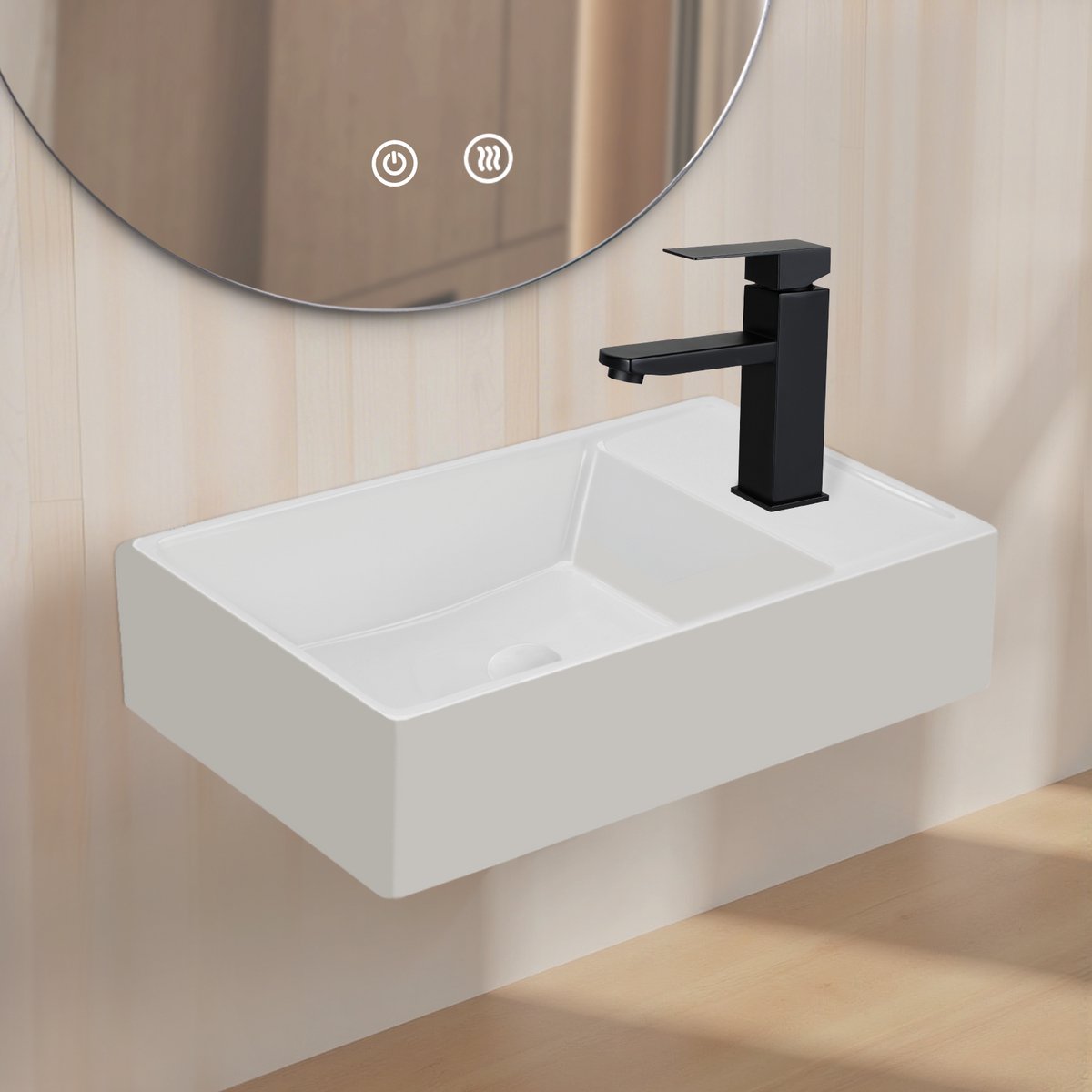 NETTLIFE Wastafel - rechthoekig - 40 × 22 × 10cm - rechts - Keramiek - Wit wastafel - wasbak voor badkamer en toilet - Badkamerwastafel - Muurbevestiging - voor gastentoilet-Zonder kraan