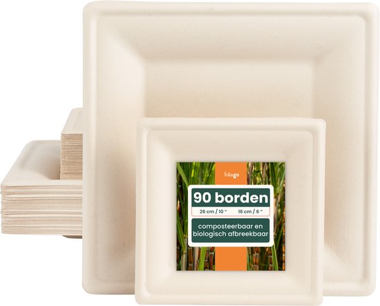 HAAGO 90 Vierkante Wegwerp Bagasse Borden voor Warm & Koud Eten (2 Maten: Groot, 26cm en Klein, 16cm) - Stevig, Stijf en Lekvrij - Biologisch afbreekbaar, Milieuvriendelijk en Thuis Composteerbaar
