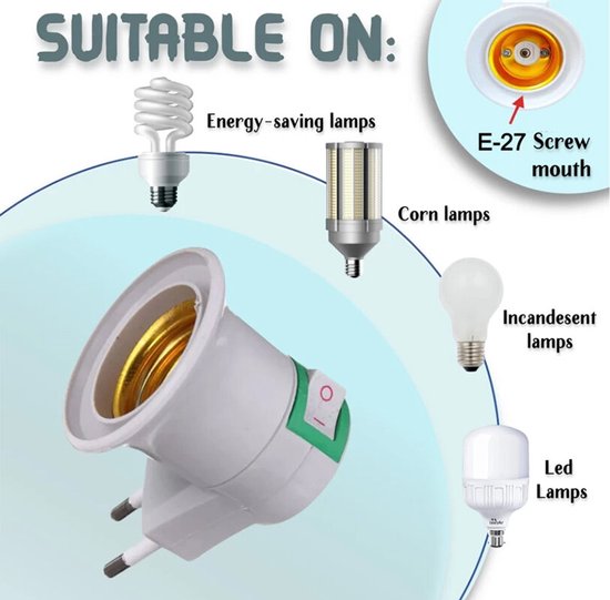 Adaptateur de douille blanc avec interrupteur marche/arrêt, embouchure à vis E27. Convient aux lampes écoénergétiques, lampes maïs, incandescentes, LED.