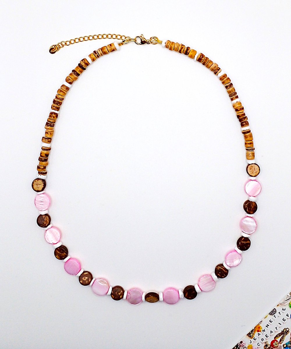 Jeannette-Creatief® - Beach - Pink Cube Shell - Shell - Dames Ketting - Disc Schelpen - Kokos - Ketting - Moederdag