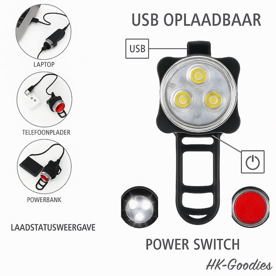 HK-Goodies - Fietsverlichting set - LED Fietslampjes - USB Oplaadbaar - Rood + Wit - Voorlicht - Achterlicht - 500 lumen - Zwart — afbeelding 3