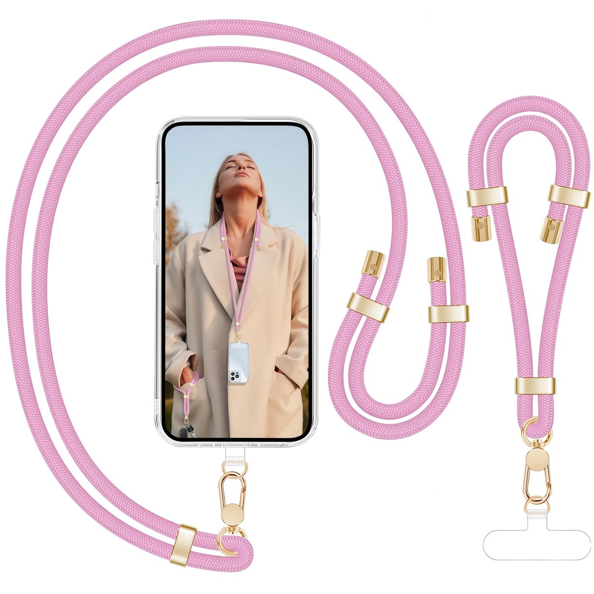 Luxe Nek & Pols Telefoonkoord Set met Bevestigingsplaatjes - Universeel GSM Lanyard Keycord Strap Verstelbaar - Crosssbody Sleutelkoord Telefoonketting - Telefoon Koord Sleutelhanger - Keykoord Pashouder - Phone Ketting Cord - Roze Nekkoord