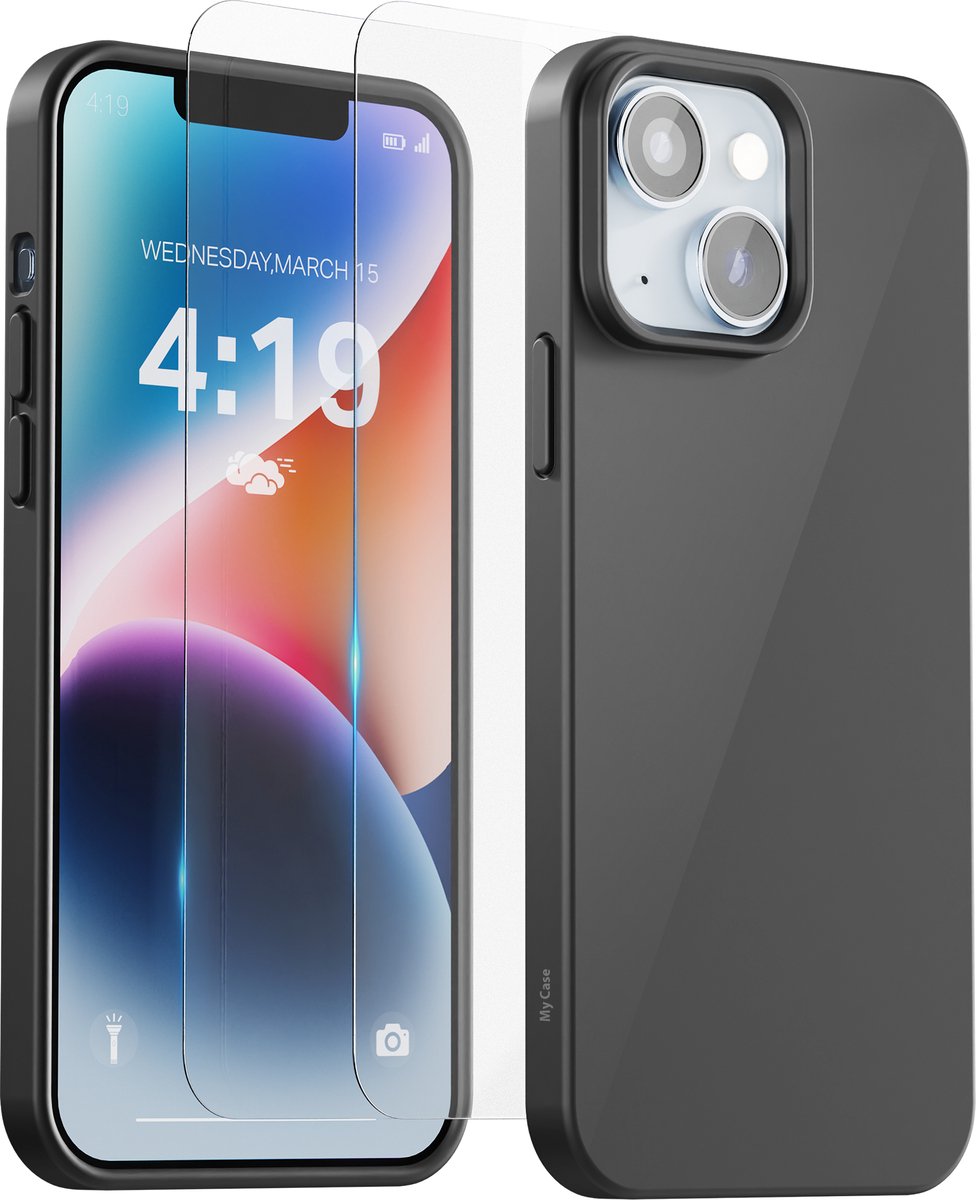Hoesje Geschikt voor iPhone 13 / 14 - Zwart - 2x Screenprotector tempered glass - Anti Shock silicone case hoes