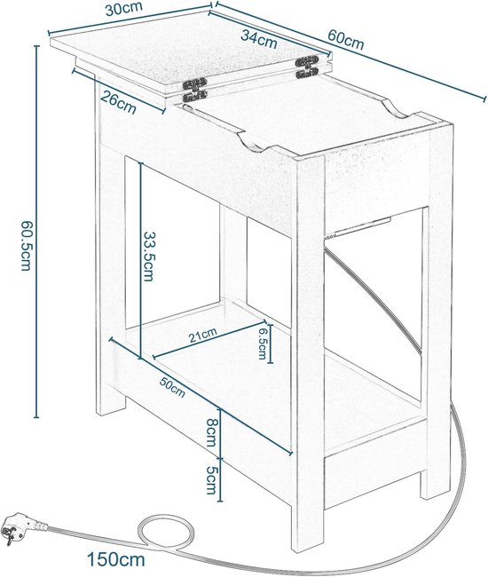TUTOTAK Bijzettafel met laadstation, bijzettafel met opbergruimte