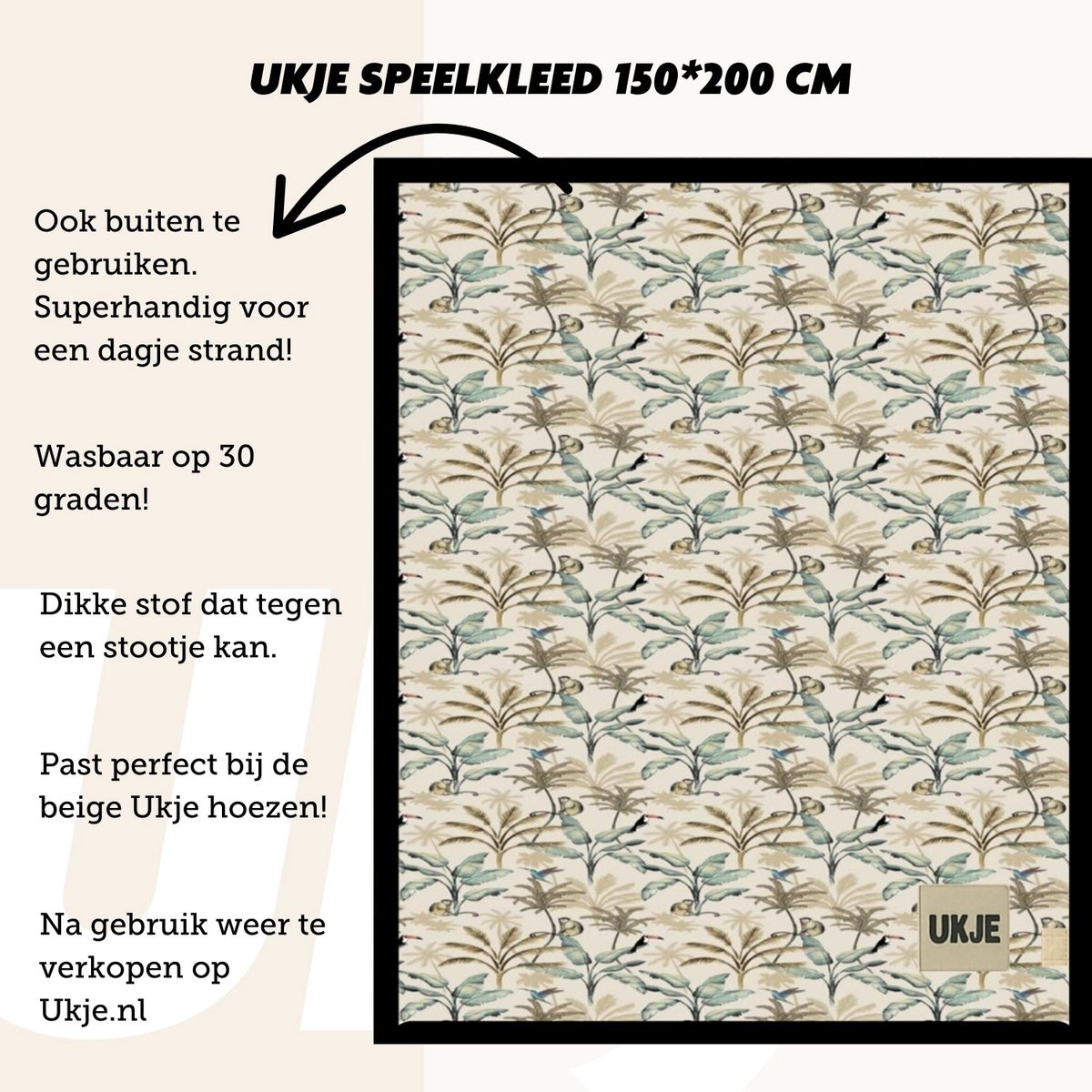 Ukje Speelmat Baby - Speelkleed Baby 150 bij 200 cm - Antislip - Speeltapijt - Met gratis opbergtas - Playmat - Babygym - Opvouwbaar - Oeko-Tex Gecertificeerd - Beige Jungle – foto 6
