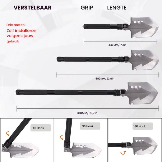 Opvouwbare schep, 78 cm, zwart/zilver, roestvrij staal en aluminium, opvouwbaar, multifunctioneel, 3 lengtecombinaties, kamperen, wandelen, jagen, tuinieren van Merkloos	 — afbeelding 3