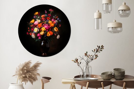 WallCircle - Wandcirkel - Muurcirkel - Kleurrijk - Boeket - Vaas - Donkerbruin - Aluminium - Dibond - 140x140 cm - Binnen en Buiten