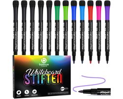 Bablue Whiteboard Stiften - 12 Stuks - Verschillende Kleuren - 5x zwart - Magnetisch & Met Wisser - Voor Kinderen & Volwassenen