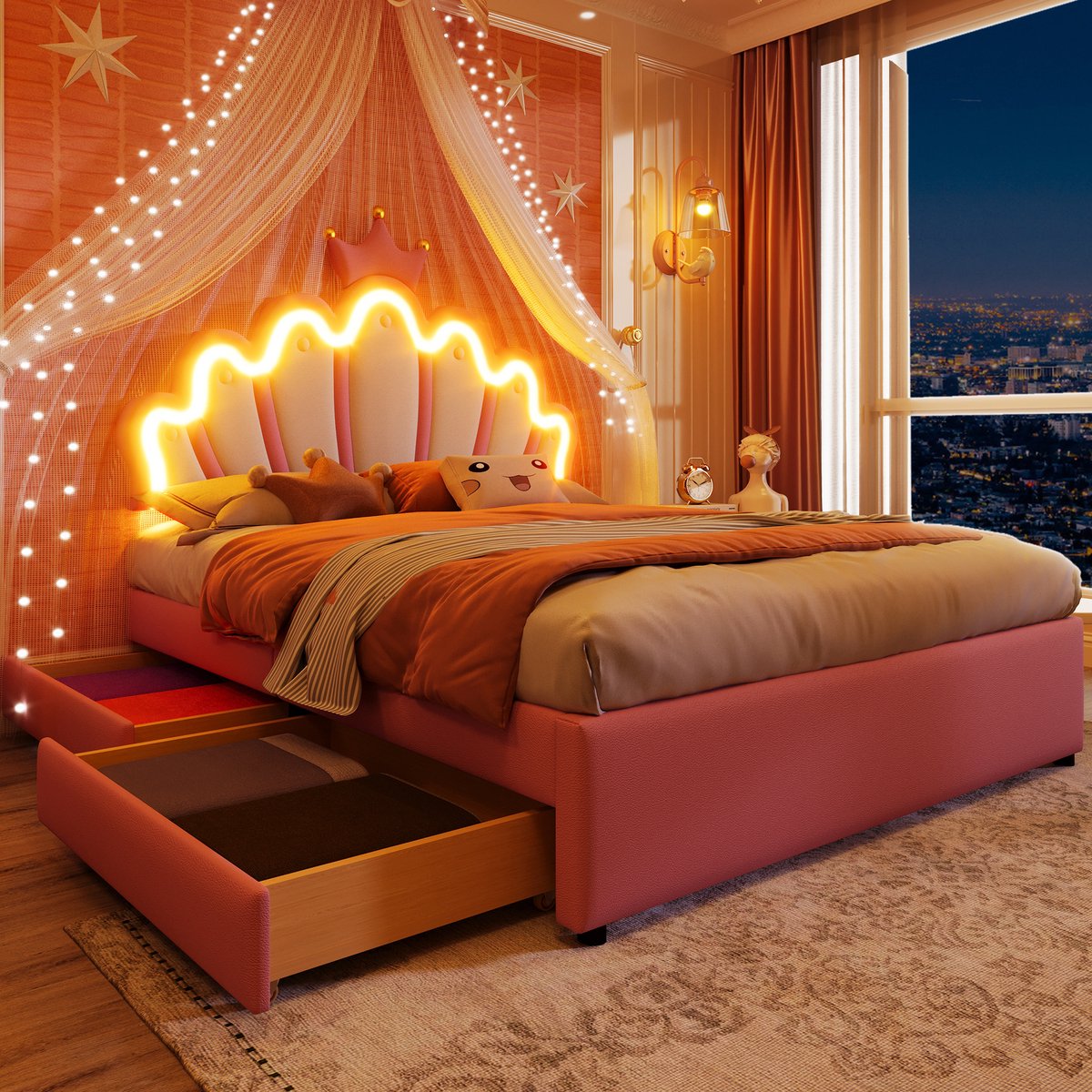 Gestoffeerd bed - 140 x 200cm - zonder matras - Sfeerverlichting - Prinsessenbed in kroonvorm - verstelbaar hoofdeinde - PU - Roze