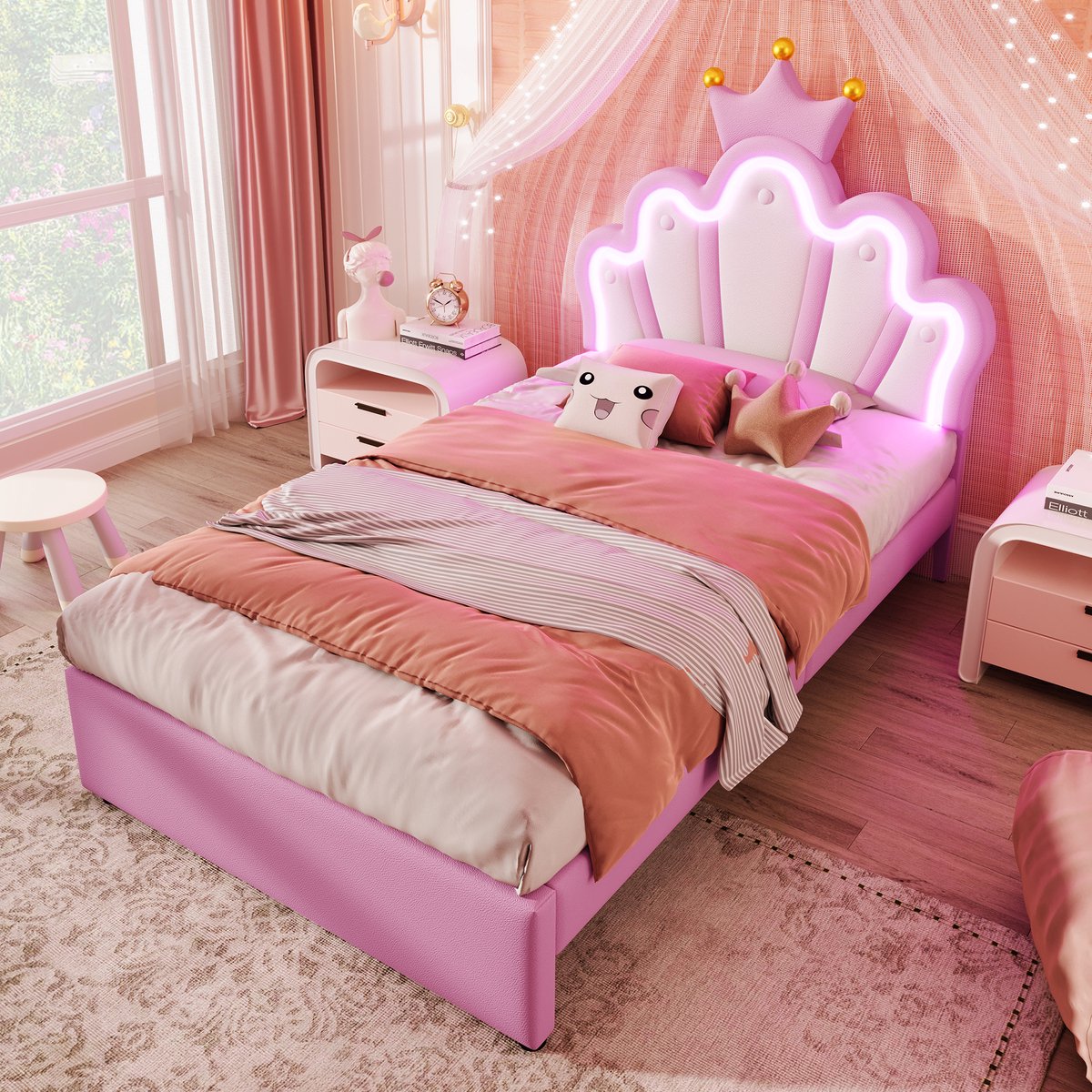 Gestoffeerd bed - 90 x 200cm - zonder matras - op afstand bedienbaar sfeerlicht - Prinsessenbed in kroonvorm - Verstelbaar hoofdeinde - PU - Roze