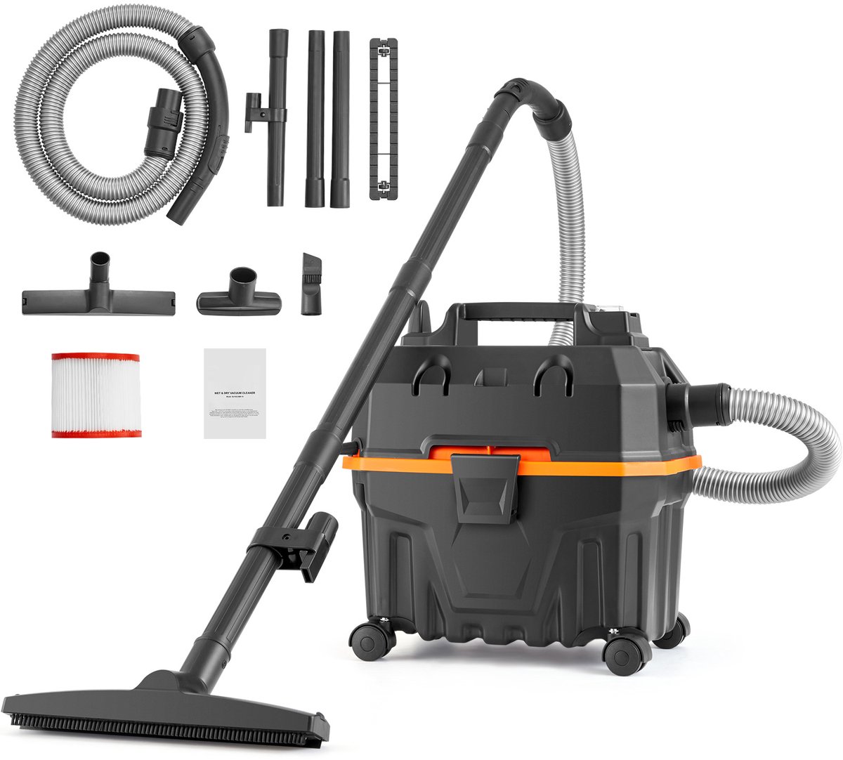 Nat/droogzuiger voor Werkplaatsen, 5 Pk, 15 L , Krachtige Zuig- en Blaasprestaties , Draagbaar met Hulpstukken , Ideaal voor Tapijten en Vuil , Lichtgewicht， Zwart