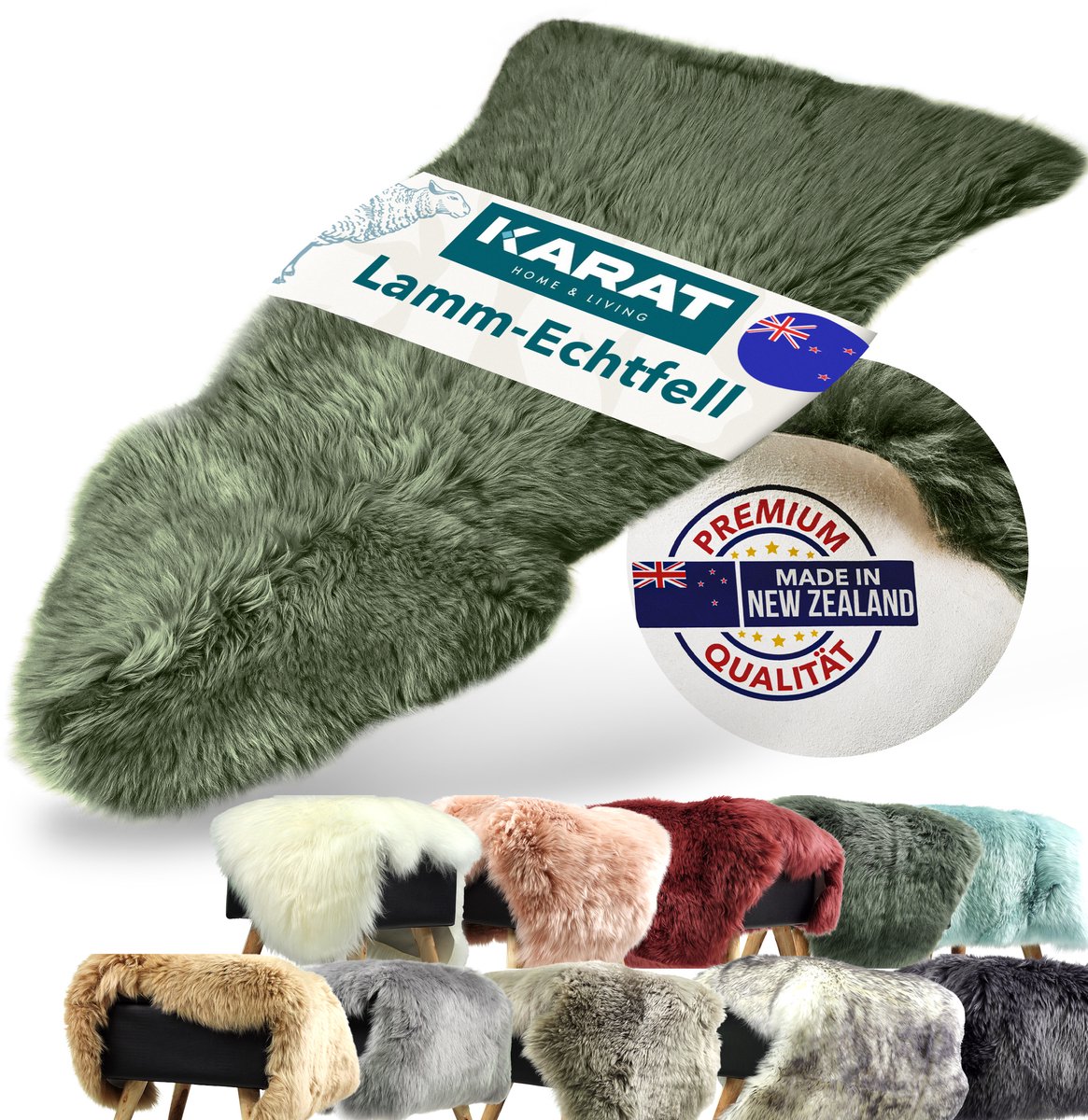FLOORDIREKT Audrey Schapenvacht - Gecertificeerde Topkwaliteit - Kan Afzonderlijk Worden Gebruikt - ca. 90 cm - Thyme