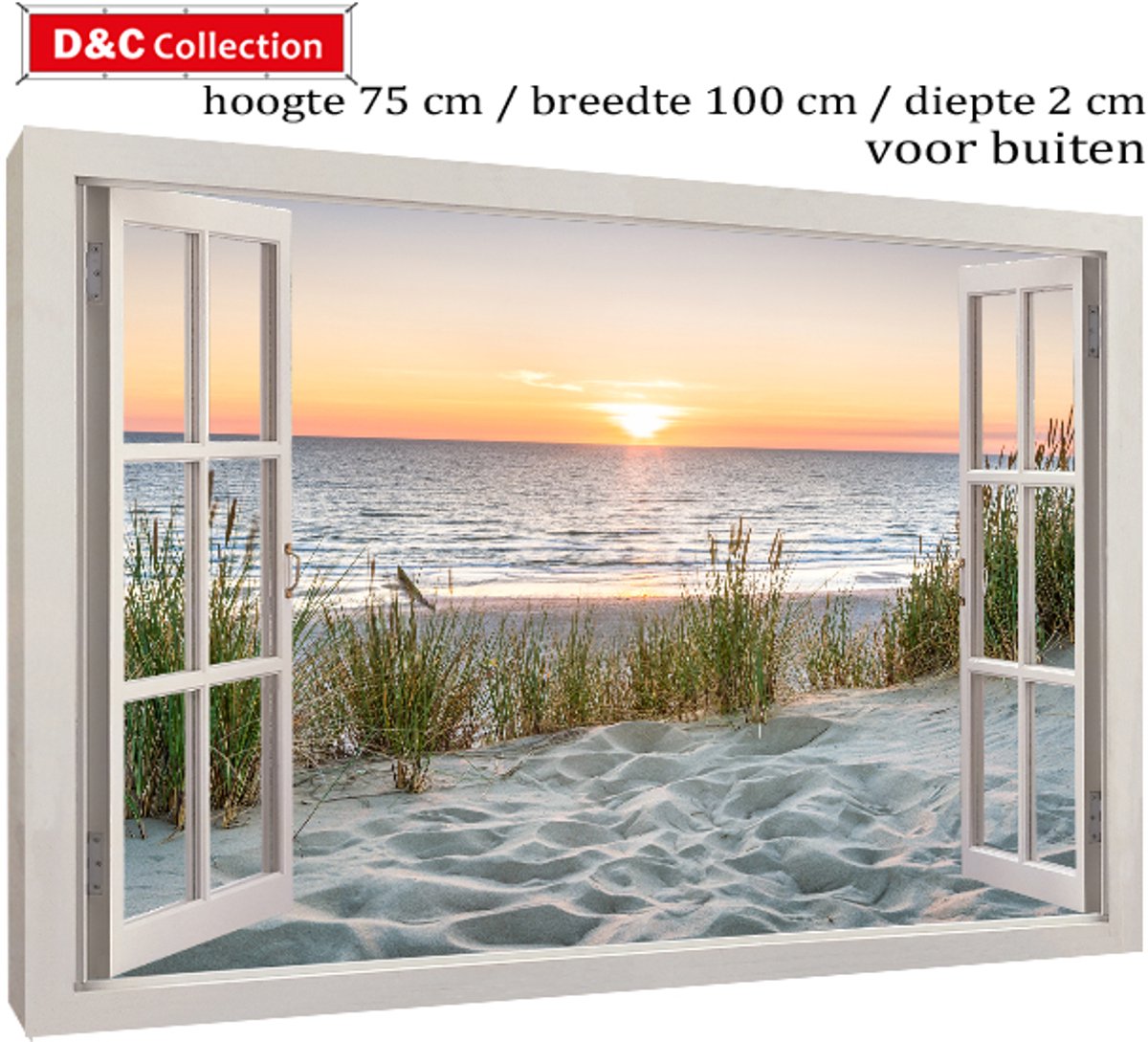 D&C Collection Tuincanvas tuinposter doorkijk - 75x100x2 cm - doorkijk - wit venster - duinen en zee - zonsondergang - tuindoek op houten frame gespannen - tuinposter voor buiten bruin, groen, blauw