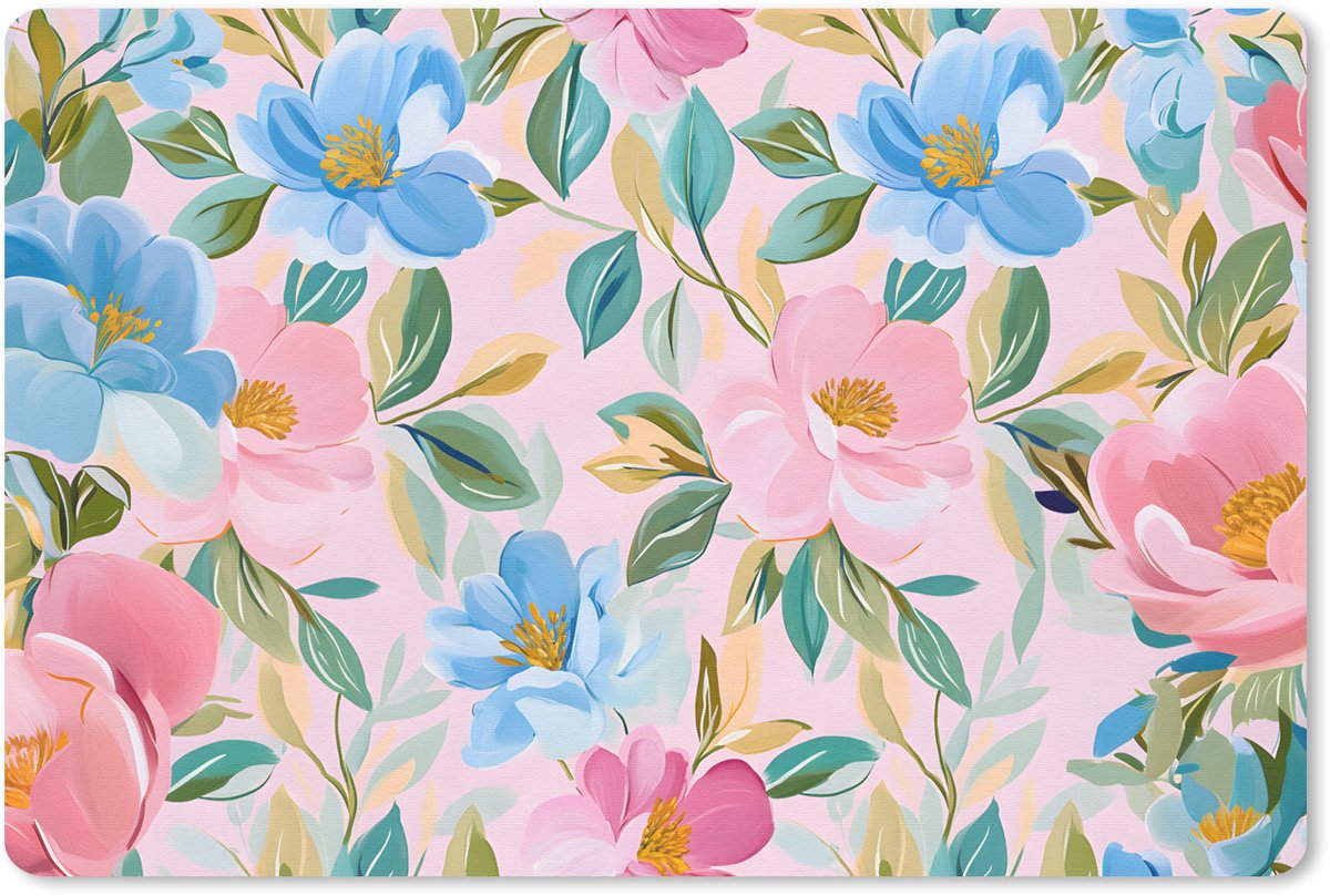 Muismat 27x18 cm - Mousepad Blauw - Roze - Bloemen - Muismatten