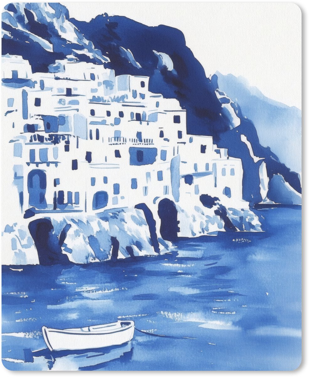 Muismat 19x23 cm - Mousepad Dorp - Rotswand - Roeiboot - Water - Muismatten