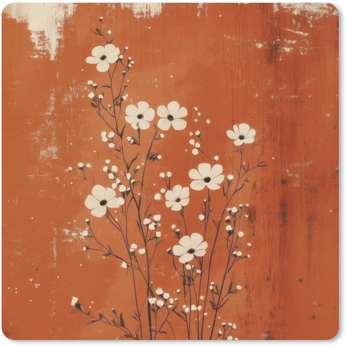 Muismat 20x20 cm - Mousepad Bloemen - Wit - Subtiel - Roestkleur - Muismatten