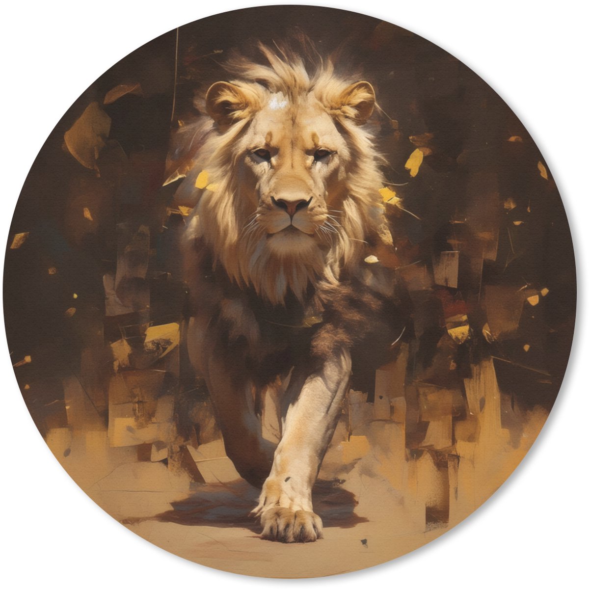 Muismat rond 20x20 cm - Mousepad Leeuw - Geschilderd - Abstract - Goud - Ronde muismatten