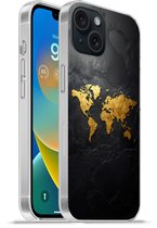 Telefoonhoesje Geschikt voor iPhone 15 hoesje - Wereldkaart - Goud - Steen - Siliconen Telefoonhoesje Telefoonhoesje