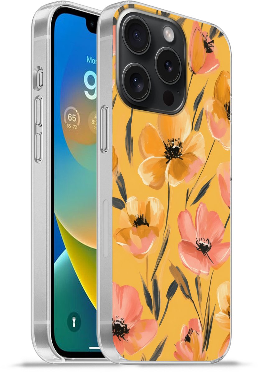 Telefoonhoesje Geschikt voor iPhone 15 Pro hoesje - Bloemen - Geschilderd - Geel - Siliconen Telefoonhoesje Telefoonhoesje