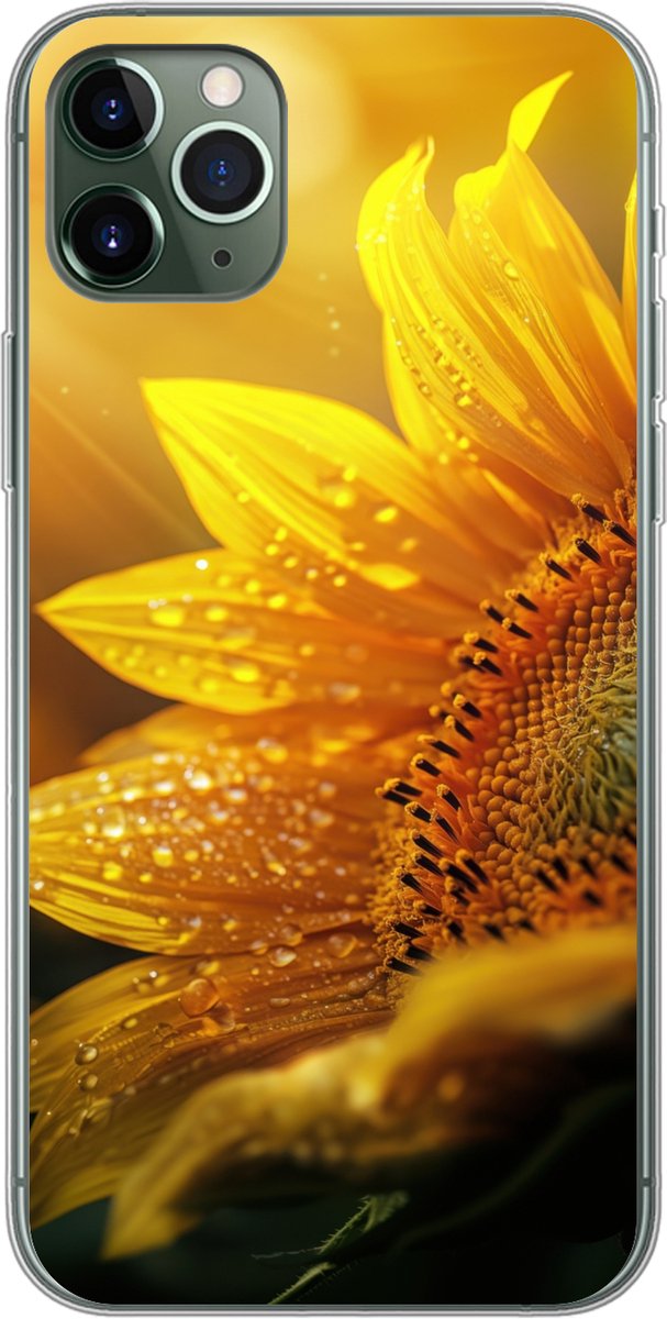 Telefoonhoesje Geschikt voor iPhone 11 Pro Max hoesje - Zonnebloem - Dauwdruppels - Geel - Zonlicht - Siliconen Telefoonhoesje Telefoonhoesje