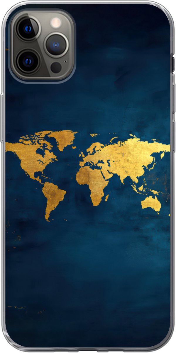 Telefoonhoesje Geschikt voor iPhone 12 Pro Max hoesje - Wereldkaart - Goud - Donkerblauw - Siliconen Telefoonhoesje Telefoonhoesje