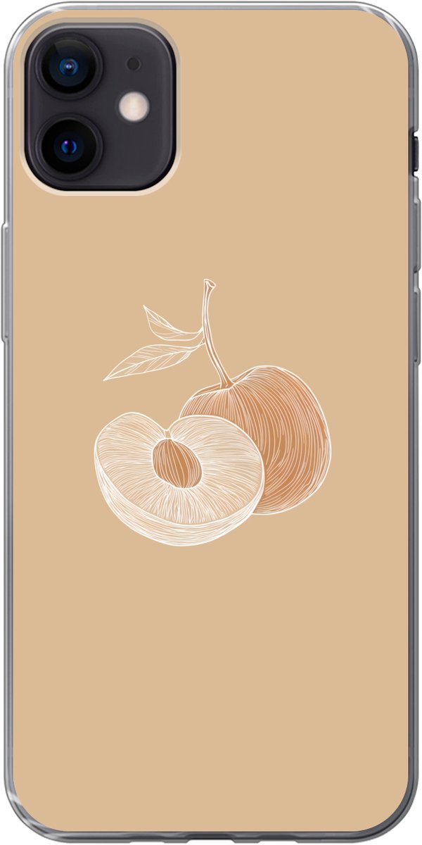 Telefoonhoesje Geschikt voor iPhone 12 mini hoesje - Perzik - Lijntekening - Pit - Beige - Siliconen Telefoonhoesje Telefoonhoesje