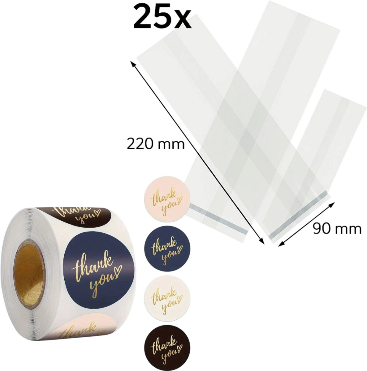 25x Uitdeelzakjes met Thank you stickers Chique | 220 x 90 mm | Traktatiezakjes | Kinderfeestje | Cellofaanzakjes | Cadeauzakjes | Snoepzakjes | Plastic Zakjes | Uitdeelzakjes kinderen | Cadeauzakjes Kinderen | Verpakkingszakjes Uitdeelcadeaus
