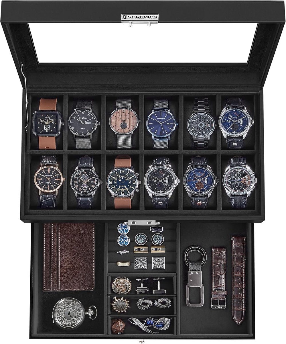 SONGMICS Horlogedoos, Horlogekast, Glazen deksel, Doos met 2 niveaus, 12 Horloges, Afsluitbaar, 1 Lade, Ringen, Armbanden