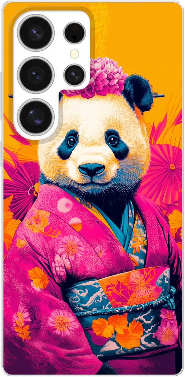 Telefoonhoesje Geschikt voor Samsung Galaxy S25 Ultra hoesje - Kimono - Roze - Panda - Bloemenkroon - Siliconen Telefoonhoesje Telefoonhoesje