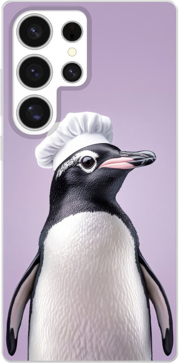 Telefoonhoesje Geschikt voor Samsung Galaxy S25 Ultra hoesje - Pinguïn - Koksmuts - Lief - Paars - Siliconen Telefoonhoesje Telefoonhoesje