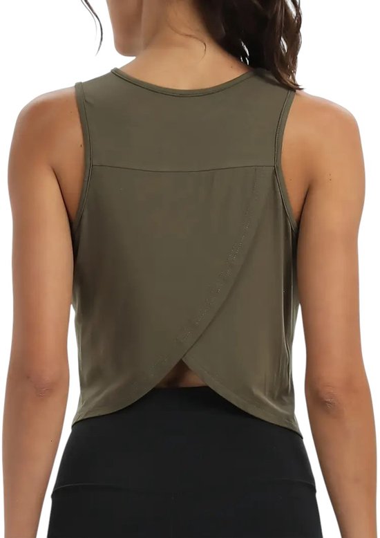 Débardeur court athlétique - Femme - Sans manches - Mouwloos - Col rond - Dos nu - Élégant - Décontracté et Sport - Vert kaki - Taille XL
