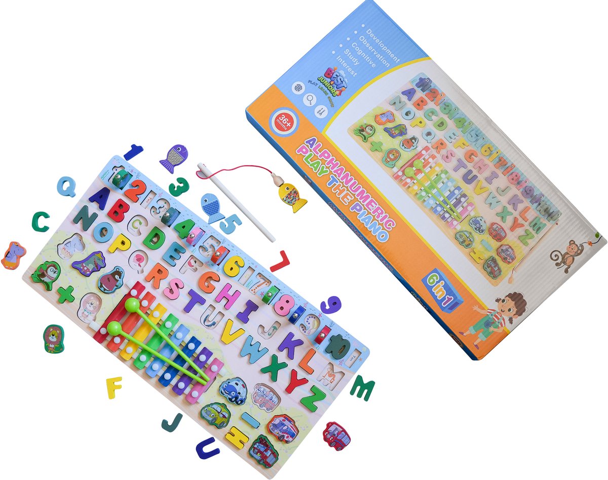 Houten Educatief Speelbord 8-in-1 – Alfabet, Cijfers, Xylofoon, Vormen & Visspel, montessori speelgoed van 45cm x 20 cm, Perfecte cadeau voor verjaardag en kerst,