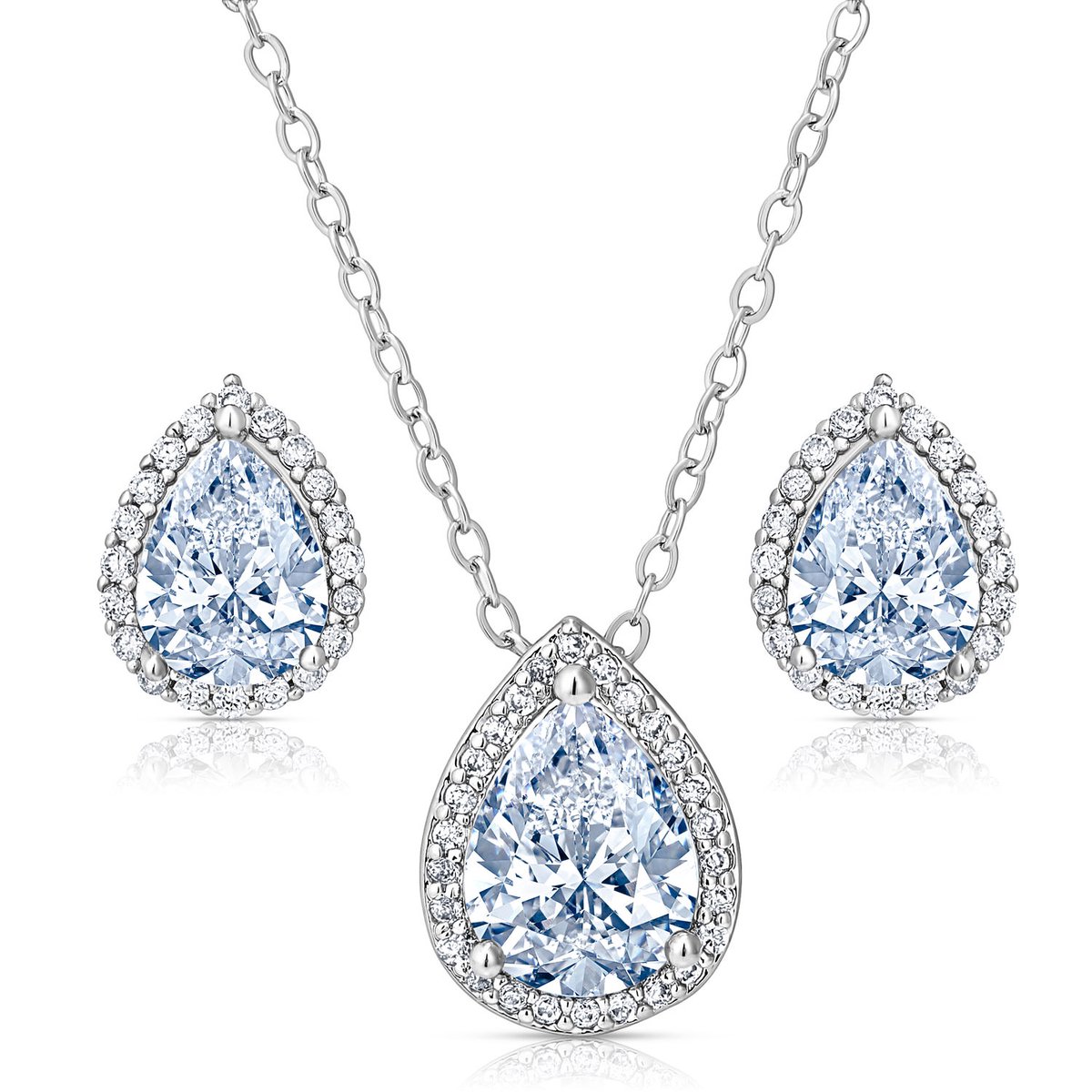 Juwelium Petite Druppel Ketting en Oorbellen Set Verstelbaar 45 tot 50 cm met Zirkonia Kristallen in Luxe Sieradendoos met Rozen en Pluche Teddybeer van 22 cm met "I Love You" Tekst– Perfect Cadeau voor Vrouw, Vriendin, Moeder, Dochter