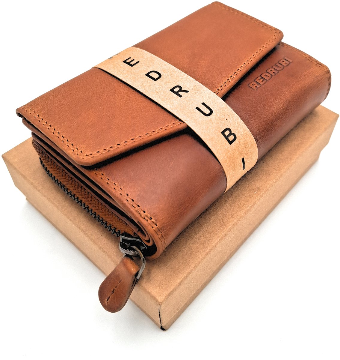 REDRUBI - UM/1-402 -DAMES LUXE LEREN- RITS PORTEMONNEE -MET RFID – BRUIN / COGNAC