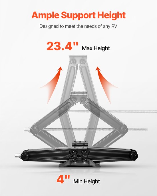 RV - Cric à ciseaux avec manivelle, pied et niveau à bulle (2 pièces) - Stabilisateur pour mise à niveau, hauteur de levage 103-595 mm, capacité de charge jusqu'à 2948 kg, robuste et durable