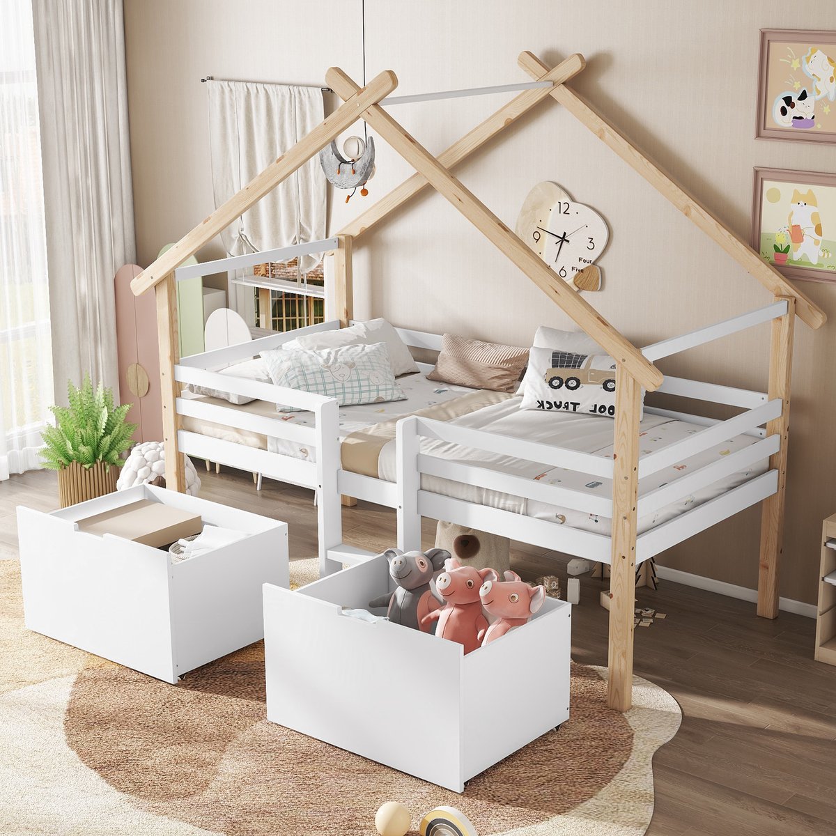 Halfhoogslaper - Kinderbed met trap - Kinderhutbed - Vierzijdig hekwerk - 2 opbergvakken met wielen - Wit - 90x200cm - zonder matras