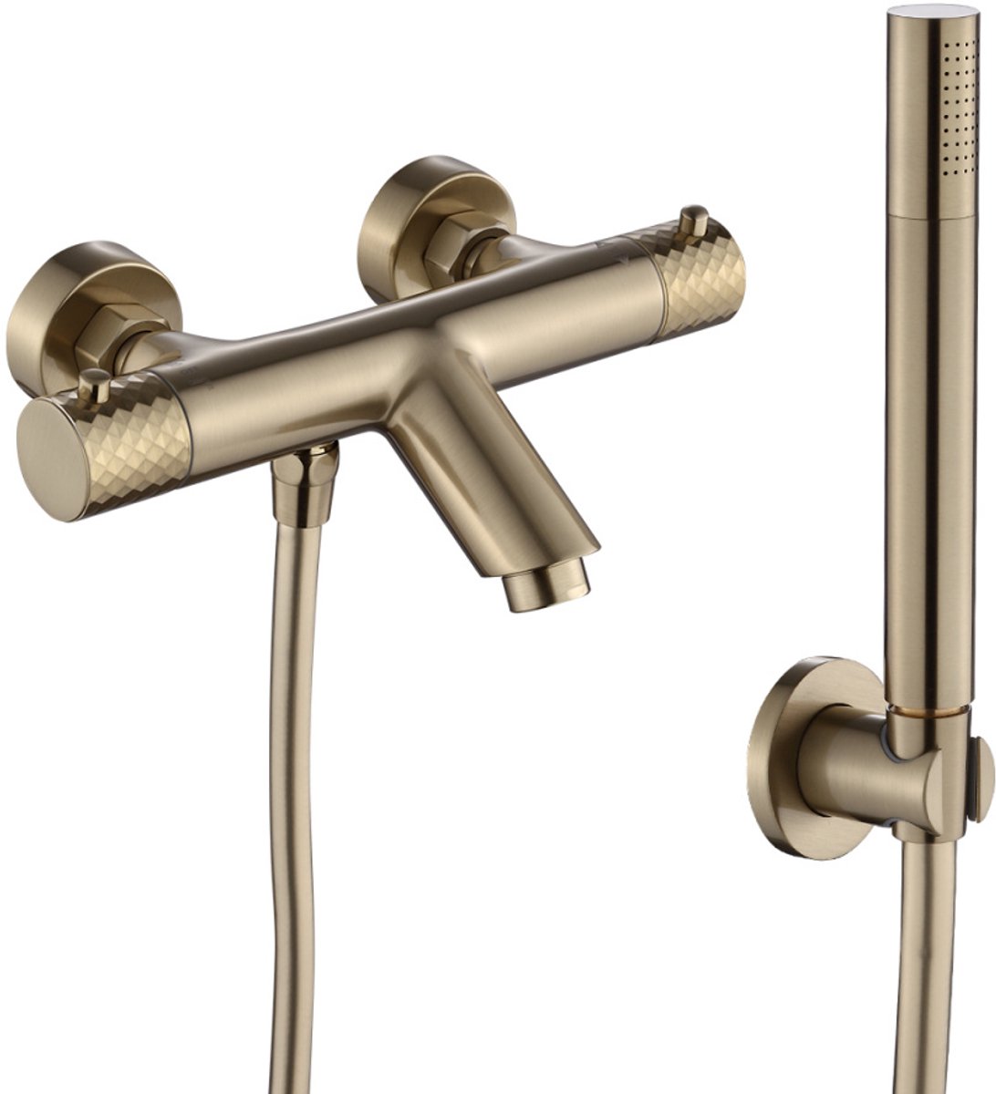 WEBO Oliver opbouw badkraan met handdouche complete set - mat goud geborsteld - watervalontwerp - twee-knop bediening complete set