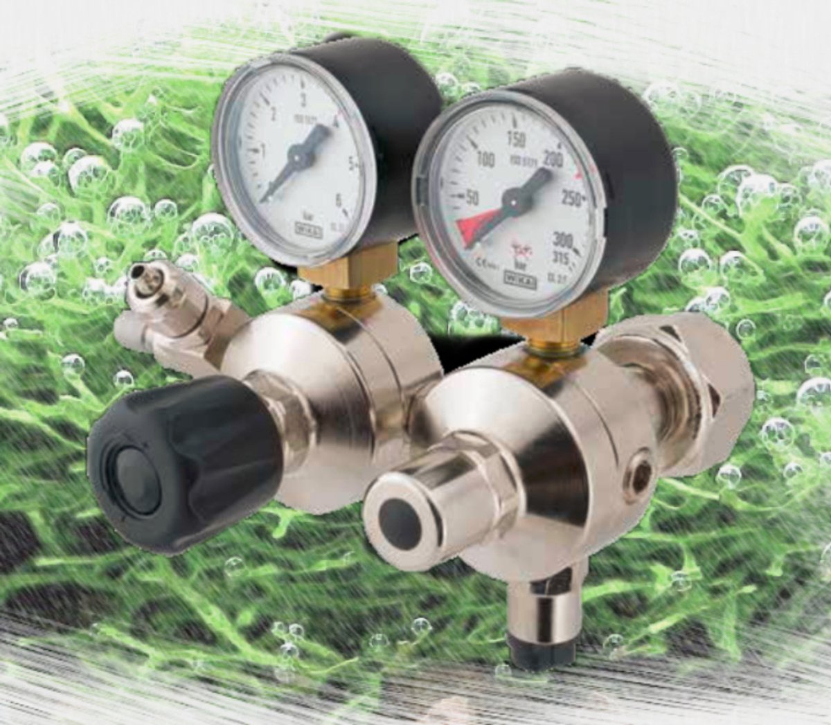 Oxyturbo Minormix2 CO2 aquarium 2-traps drukregelaar reduceerventiel, 2 manometers en naaldventiel met snelle koppeling, W21.8 flesaansluiting 379769