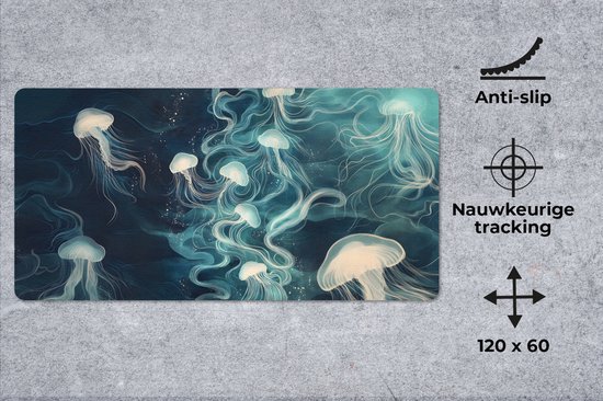 Muismat XXL 120x60 cm - Bureau onderlegger - Bureau mat Kwallen - Zee - Wit - Golven - Bureaumat - Gaming mousepad xl - Bureaulegger groot - Computer deskmat