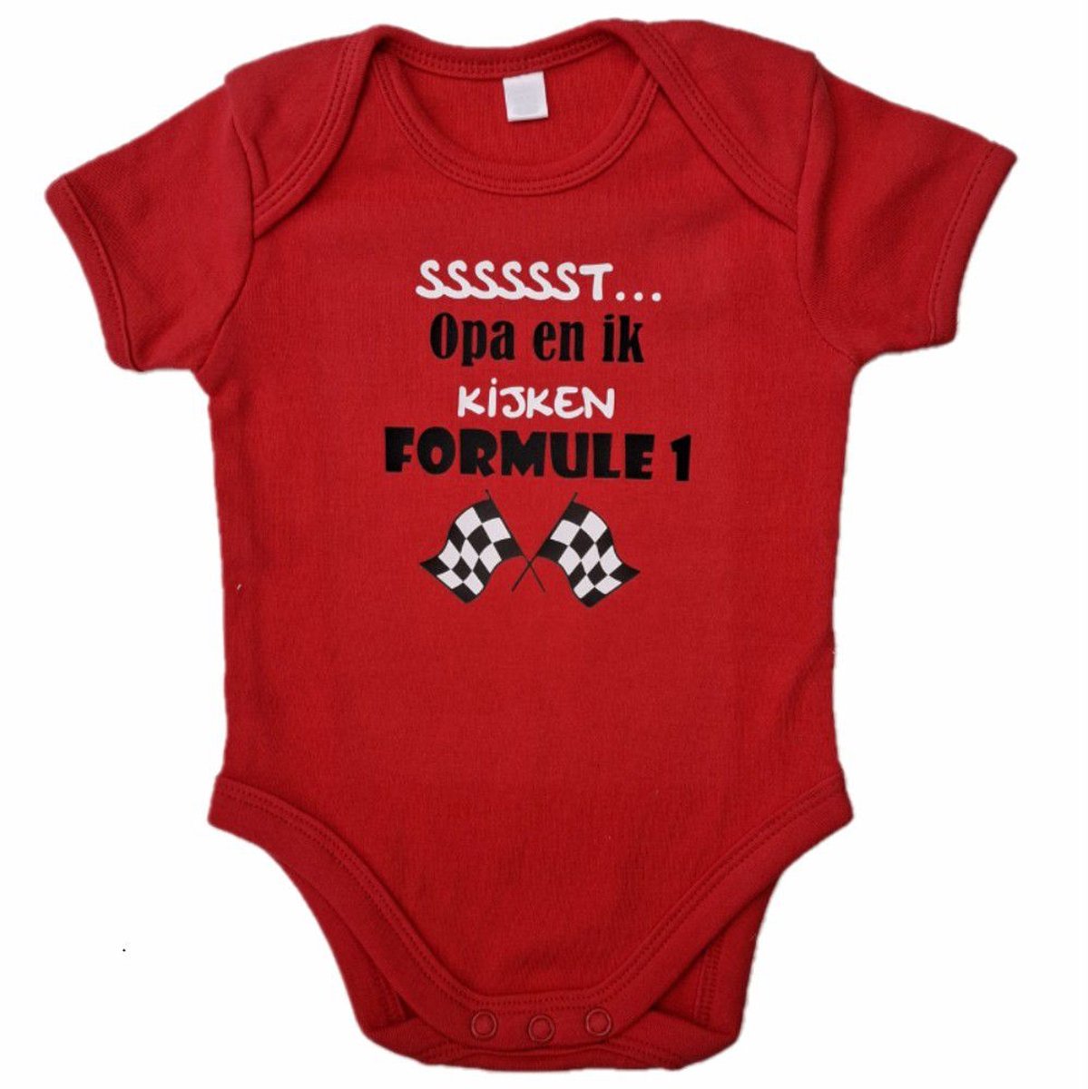 Rode romper met "Sssssst... Opa en ik kijken Formule 1" - maat 50/56 - babyshower, zwanger, cadeautje, kraamcadeau, grappig, geschenk, baby, tekst, bodieke