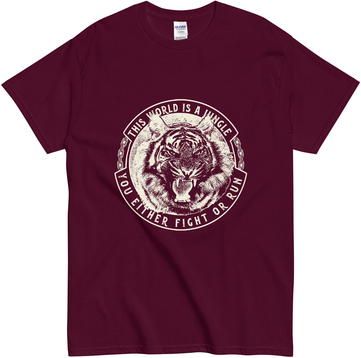 Tijger T Shirt Dames Heren - This World is a Jungle - Fight or Run - Bordeaux Rood - L