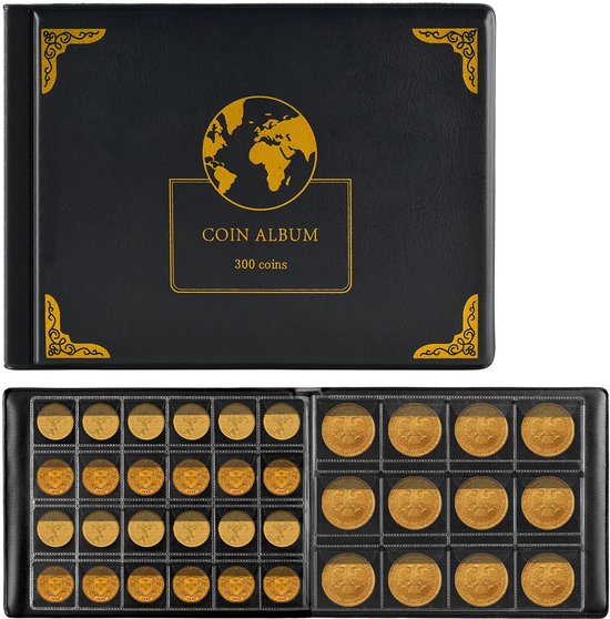 Dutchers® Muntenverzamelalbum – Verzamelmap Voor 300 Munten – Collectie opslag - Collector Bewaarmap - PU Leder – Zwart – Geschikt voor 2 Euromunten, Silver Dollars en Meer