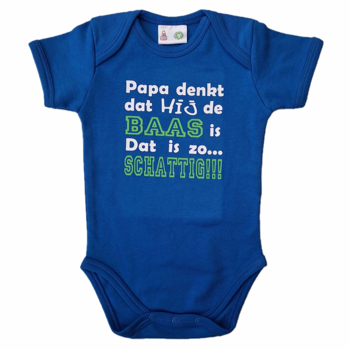 Blauwe romper met "Papa denkt dat hij de baas is. Dat is zo... Schattig!!!" - maat 50/56 - vader, vaderdag, babyshower, zwanger, cadeautje, kraamcadeau, grappig, geschenk, baby, tekst, bodieke