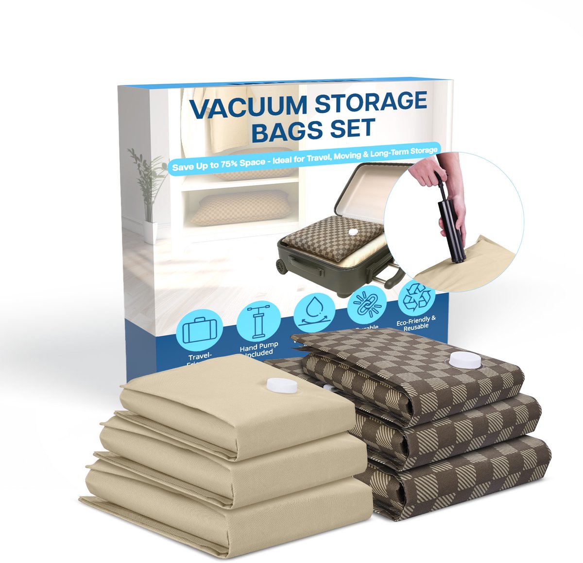 MMOBIEL Vacuümzakken voor Kleding & Reizen – Stevige Ruimtebesparende Opbergzakken – Herbruikbare Luchtdichte Compressiezakken voor Dekbedden etc. – 6 Stuks (S/M/L) – Incl. Handpomp – Bruin/Beige